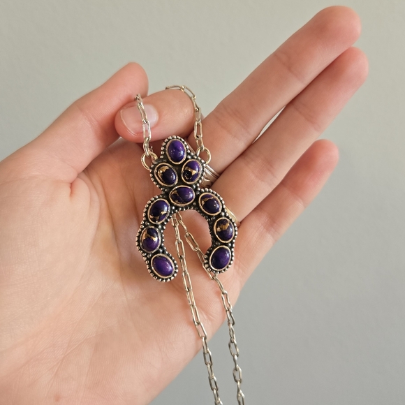 Purple Dahlia Turquoise Sterling Horseshoe Pendant Necklace